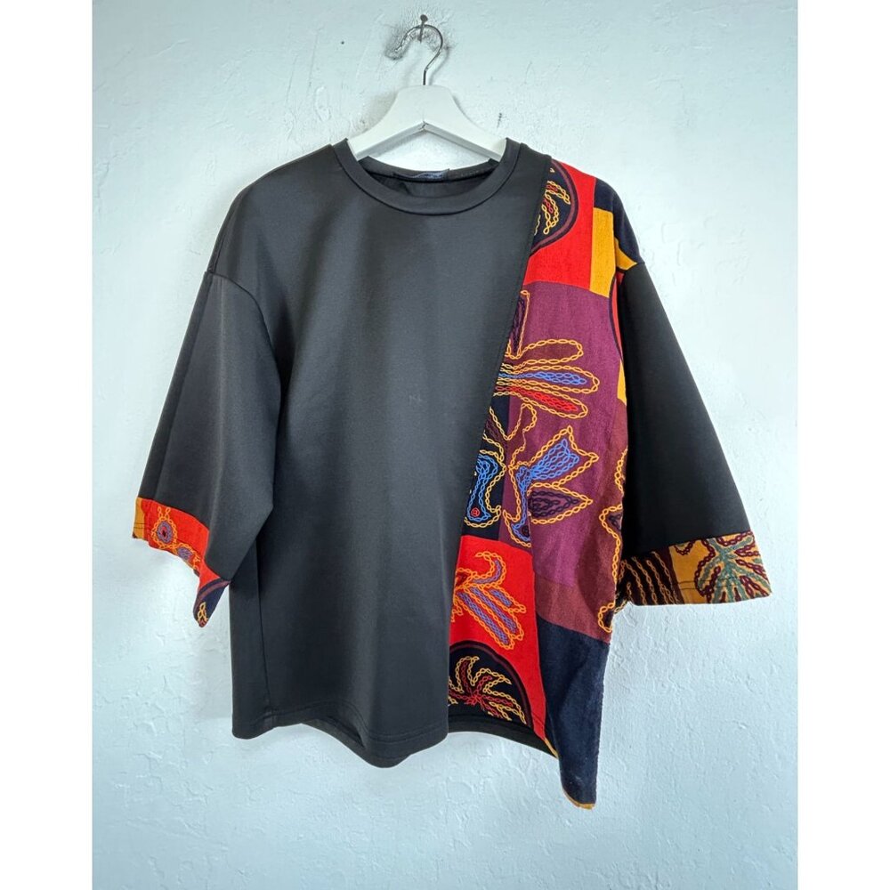 Incerun Mens 3/4 Sleeve Patchwork T-Shirt Small Black Hippy Ethnic Korean Style